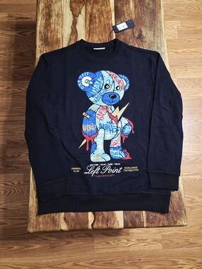 Left Point Rhinestone Graffiti Teddy Bear Crewneck Sweatshirt -Black - Size XL